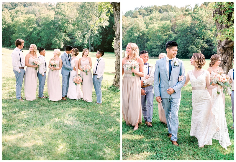 Bridal party walking in the grass at a greeneville tn wedding