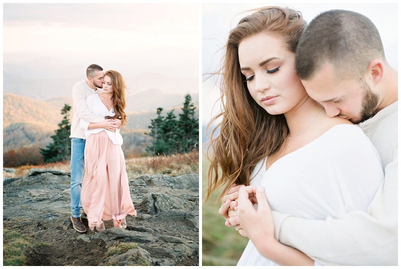 Holding hands and exploring trails at Roan Mountain TN engagement session