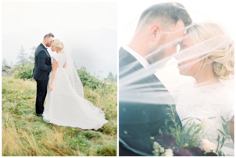 Romantic elopement portraits on Roan Mountain TN with foggy scenery