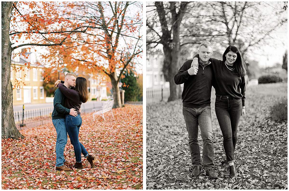 Engaged couple enjoying romantic autumn scenery