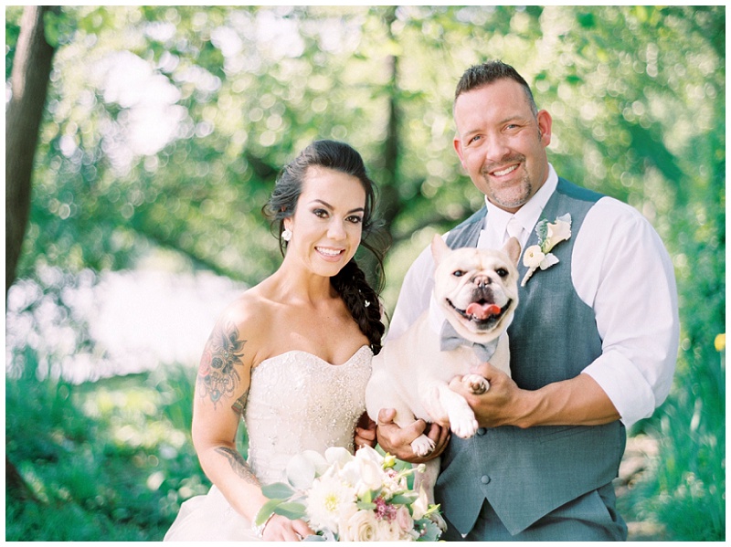 Knoxville TN outdoor wedding couple portrait with frenchie dog