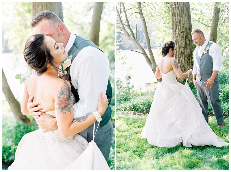 Bride and groom first kiss outdoors in Knoxville