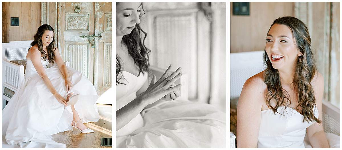 Bride putting on her jewelry in the bridal suite at Crooked River Venue