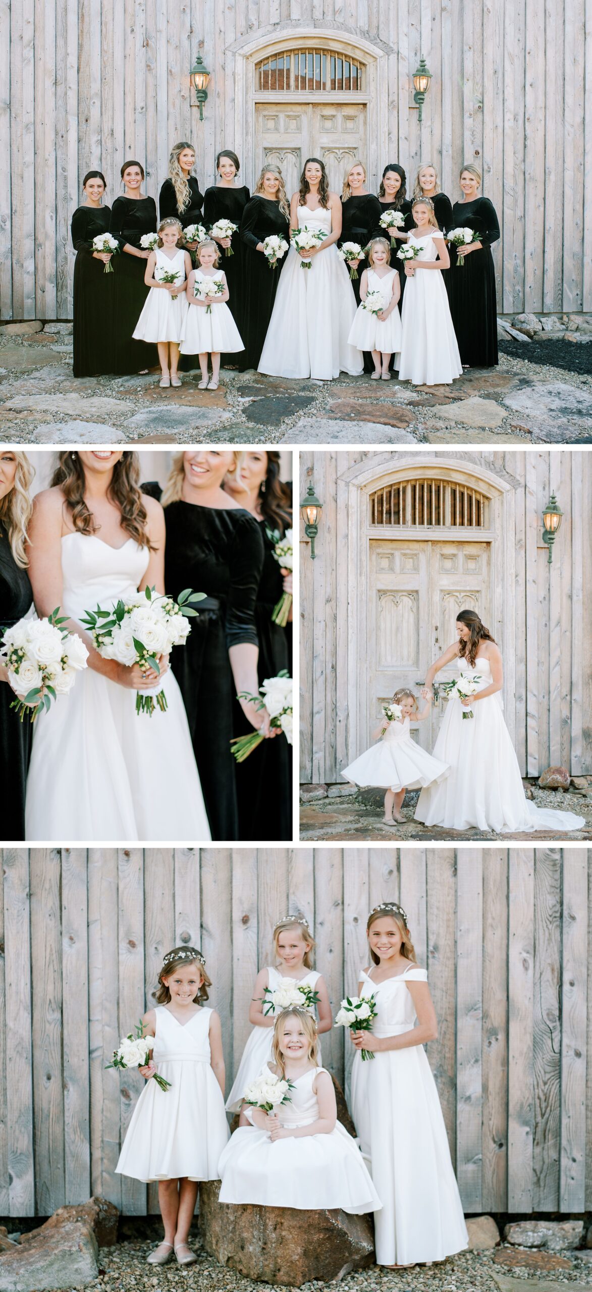 Bridesmaids in matching dresses with bouquets