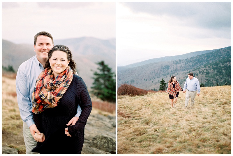 Couple embracing during Roan Mountain engagement shoot