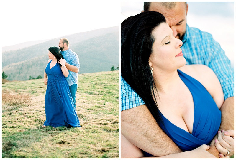 Couple embracing during Roan Mountain engagement photos