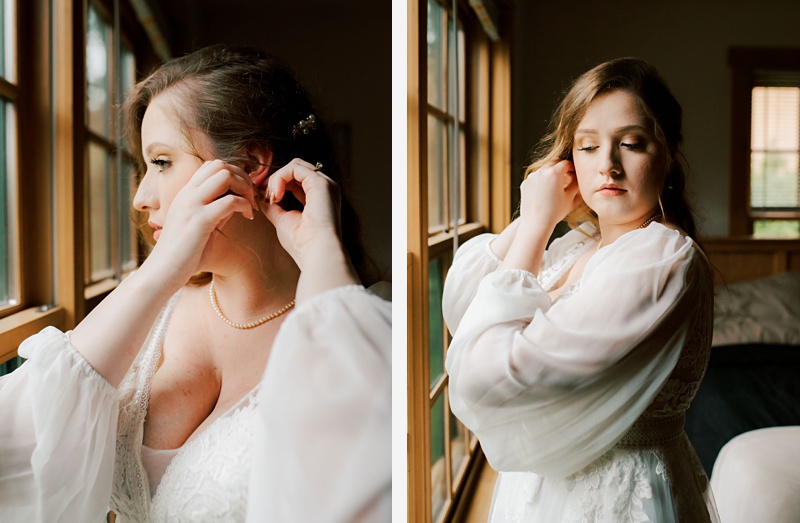 Bride putting on earrings at her natural tunnel state park wedding