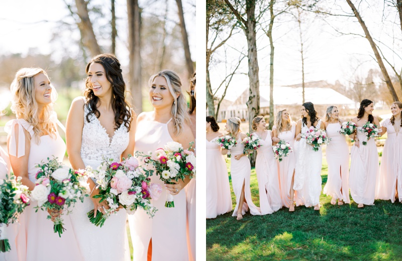 Bridal party laughing together outdoors