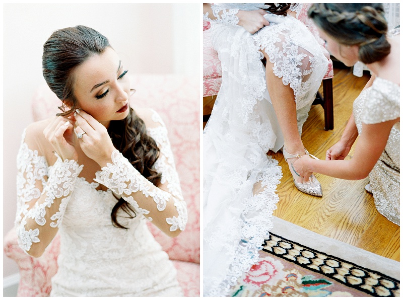 bride putting earing on her wedding day