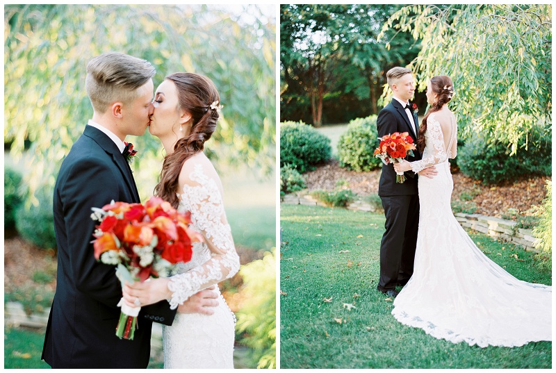 Bride and groom portraits we burgundy florals