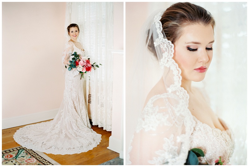 Bride posing indoors at Allandale Mansion with romantic natural light