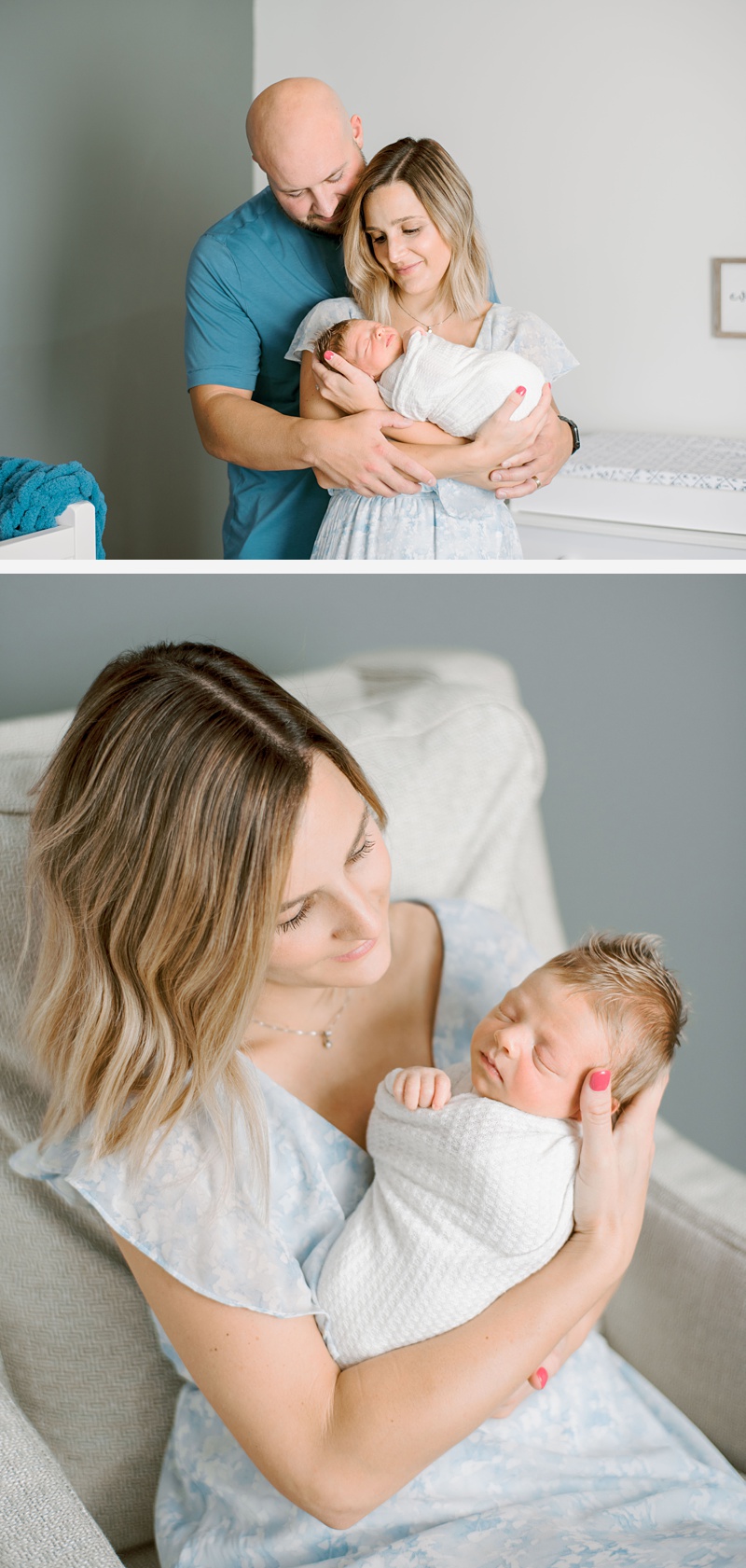 Family holding baby together during newborn photography session