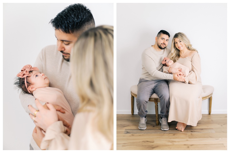 Timeless newborn photography with neutral wraps and cozy textures