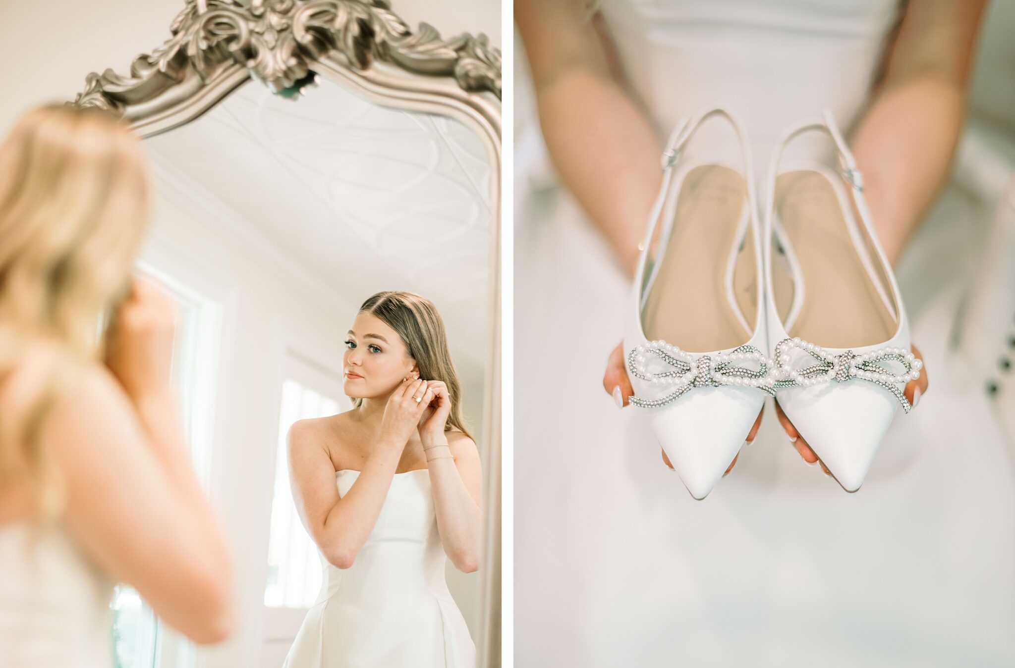 bride looking in mirror getting ready Lake House venue Piney Flats