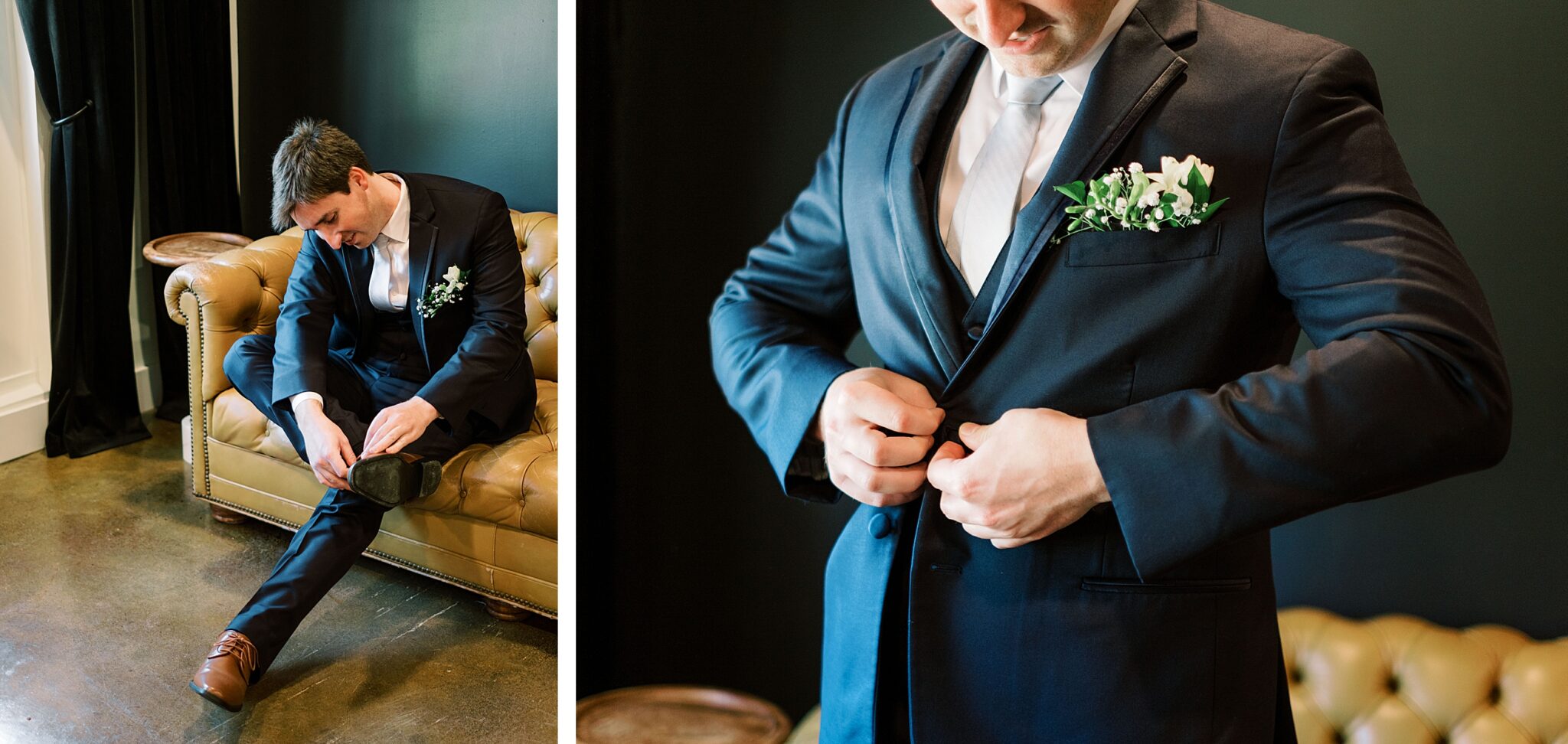groom getting ready at Lake House wedding venue Piney Flats
