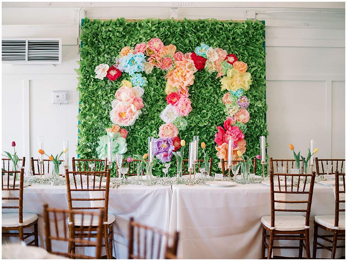 reception tables with floral centerpieces Lake House wedding venue