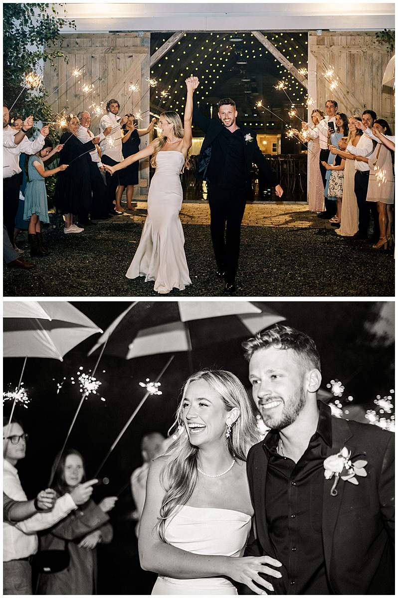 bride and groom sparkler exit at overlook barn, banner elk nc