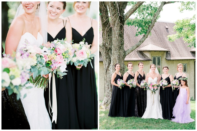 bridesmaids in pink and purple dresses