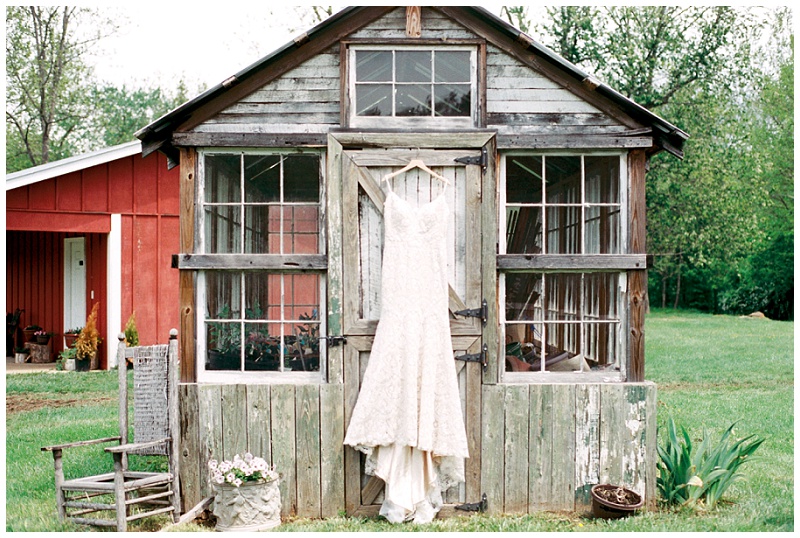bride dress hanging Asheville NC farm wedding