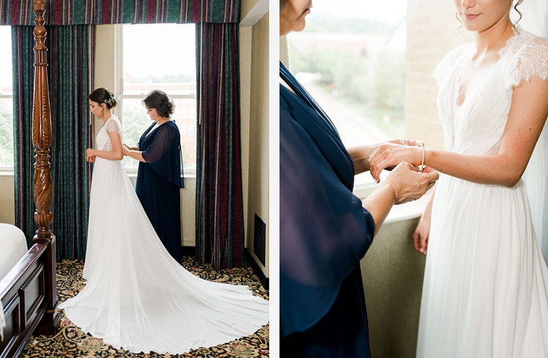 bride and mom putting on dresses Hidden Meadows