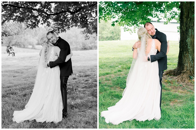 bride and groom hug during first look portraits Emory and Henry Chapel