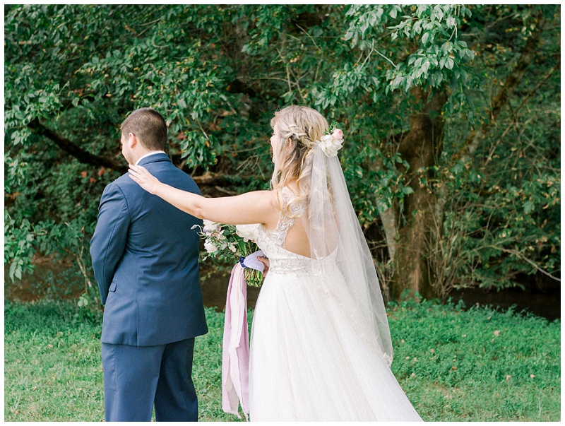 bride and groom first look East Tennessee barn wedding