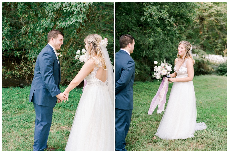 bride and groom walking field Tennessee wedding