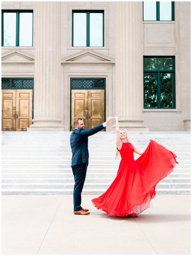 uptown charlotte engagement photos romantic red dress city shoot