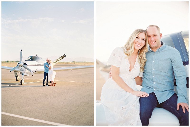 couple standing near airplane desert engagement photos phoenix az