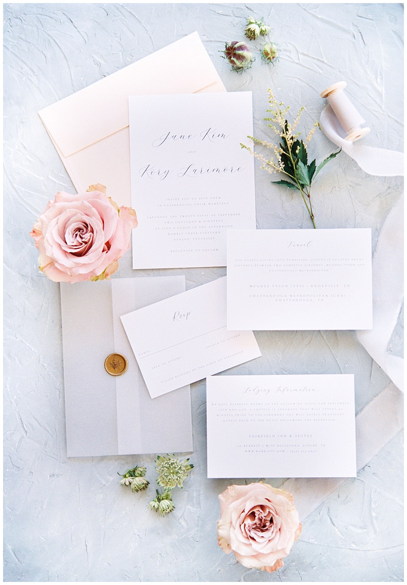 wedding invitation flat lay Athens Tennessee barn wedding