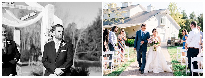 bride walking down aisle with dad at barn venue