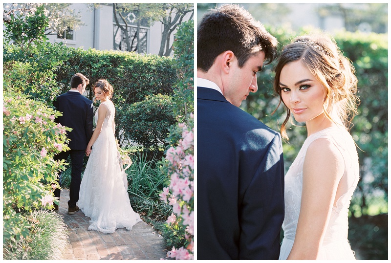 Bride and groom fashion portrait at garden styled shoot Houston