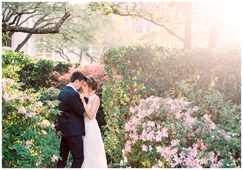Romantic couple posing at historic garden venue Houston
