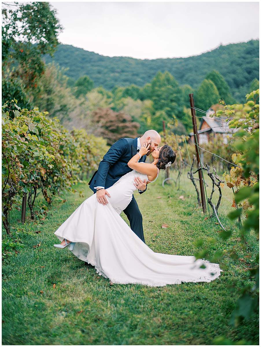 Bride and groom in field Blue Ridge Mountains venue