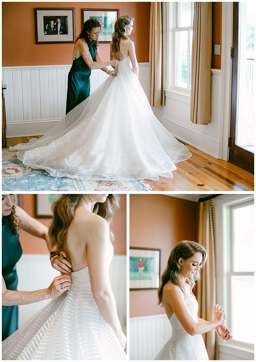 Bridesmaids helping bride get ready at The Olde Farm wedding