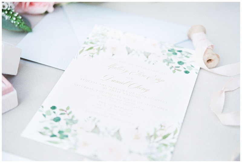 The Homeplace at Johnston Farm wedding invitation suite with soft pink and navy tones