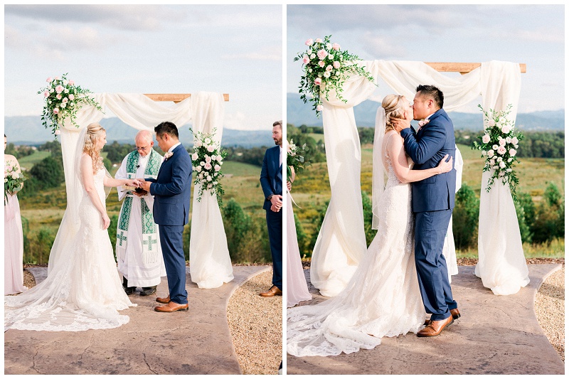 First kiss at The Homeplace at Johnston Farm wedding ceremony