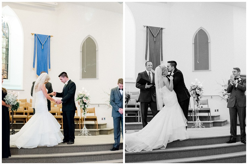 Bride and groom at altar during church ceremony