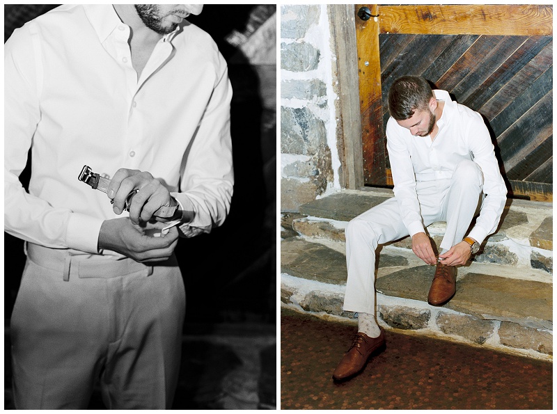 Groom getting ready at The Millstone wedding venue rustic interior