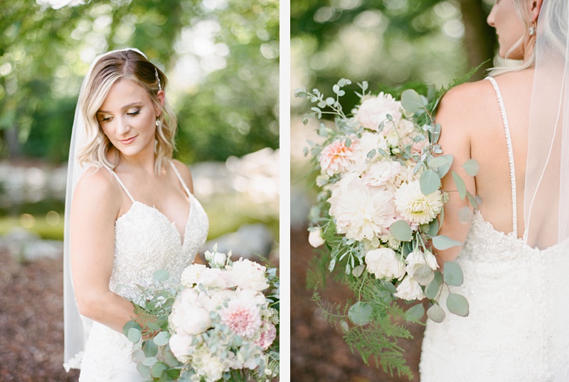 Bride holding bouquet blush florals The Millstone venue