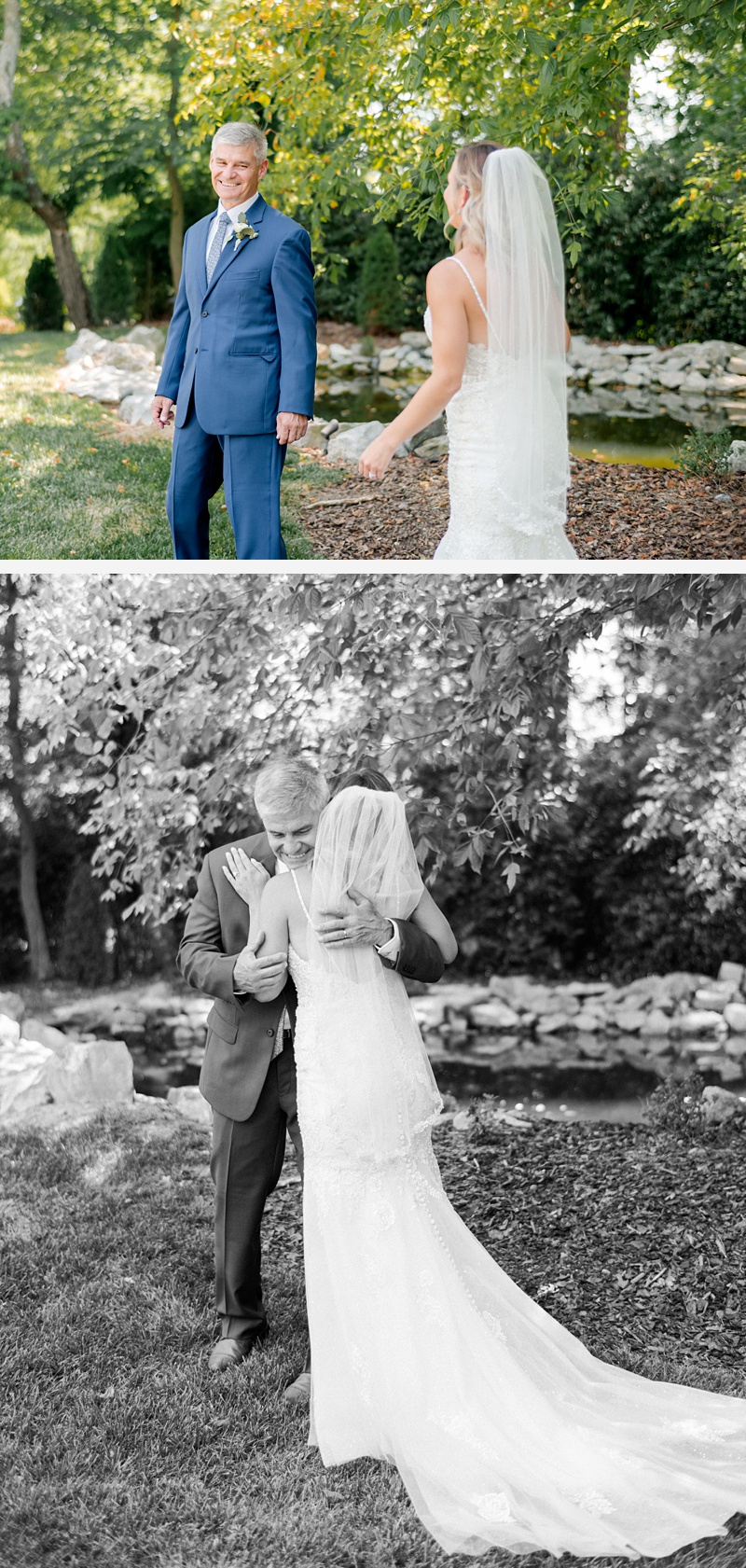 Bride with dad first look at mill setting The Millstone venue