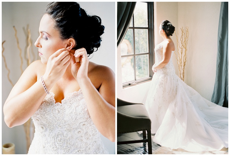 Bride putting on jewelry at Chateau Selah