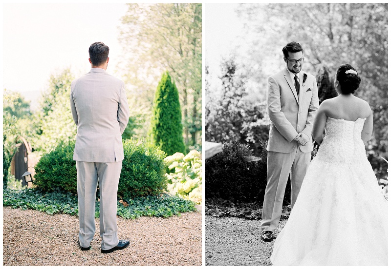 Bride and groom first look portrait at Chateau Selah