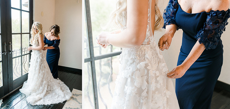 Bride putting on wedding dress in East Tennessee