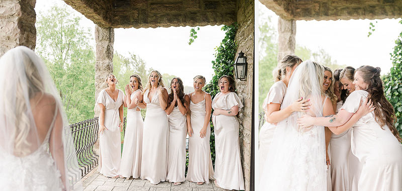 Bridesmaids see bride in dress for first time 