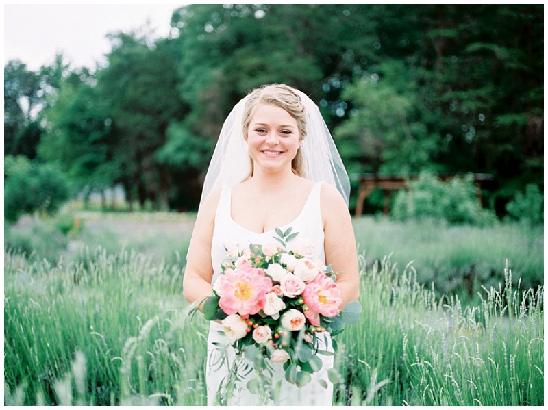 Soft romantic bridal portrait in lavender field near Charlotte