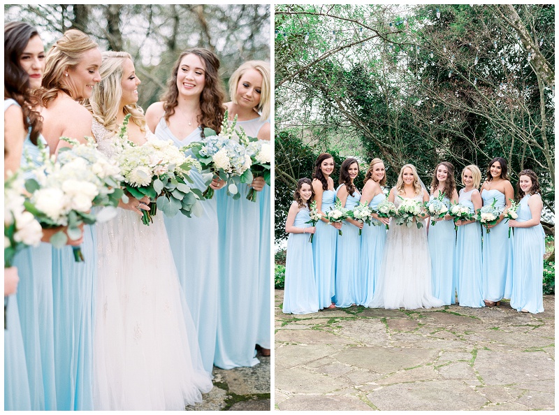 bridesmaids wearing blue dresses and holding bouquets at a wedding black fox farms