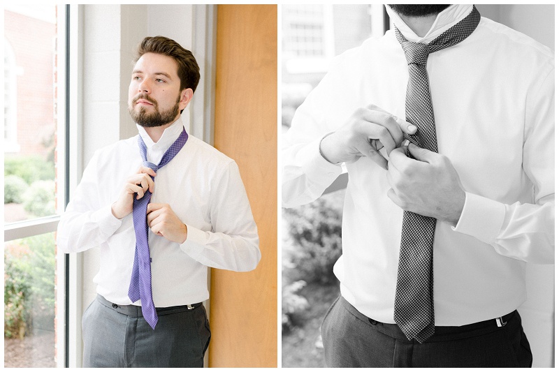 groom putting on wedding morning