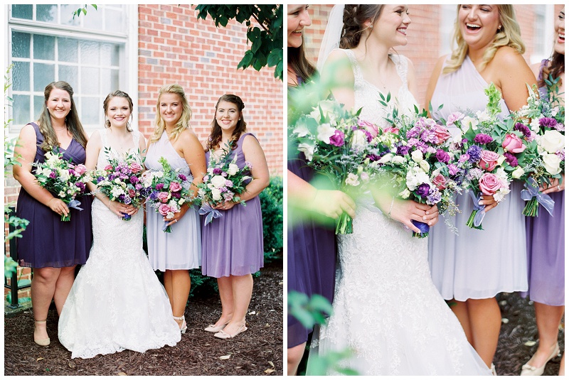 bridesmaids holding bouquets purple wedding