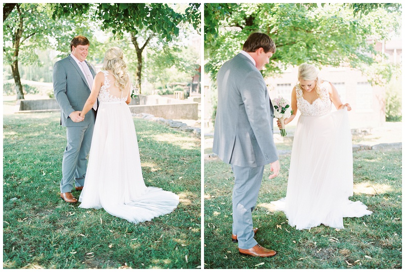 romantic couple first look photos at Old Woolen Mill